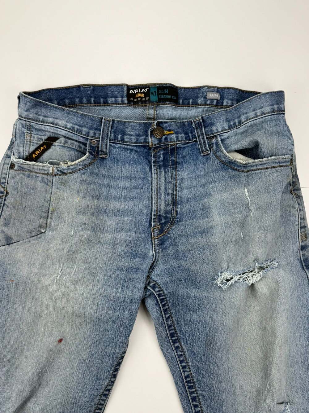 Ariat Rebar M7 Mens 36x36 Slim Straight Leg Jeans Distressed Light Wash Work